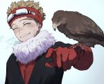  1boy animal_on_arm bird bird_on_arm black_coat boku_no_hero_academia brown_eyes brown_hair coat dirty dirty_face earrings fur_collar gloves goggles goggles_on_head grin hawk hawks_(boku_no_hero_academia) jewelry looking_at_viewer male_focus pon52io red_gloves scar scar_on_face short_hair smile solo upper_body white_background 