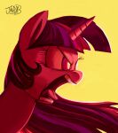 absurd_res angry equid equine friendship_is_magic hair hasbro hi_res horn jowybean long_hair mammal my_little_pony mythological_creature mythological_equine mythology open_mouth portrait red_eyes red_theme simple_background teeth tongue twilight_sparkle_(mlp) unicorn yellow_background