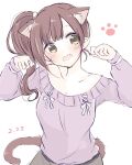  1girl :o animal_ear_fluff animal_ears ba_ra_ran blush breasts brown_hair cat_ears cat_tail cleavage collarbone dated fang highres idolmaster idolmaster_cinderella_girls igarashi_kyoko kemonomimi_mode looking_at_viewer medium_breasts off-shoulder_sweater off_shoulder paw_pose paw_print purple_sweater side_ponytail solo sweater tail yellow_eyes 