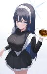  1girl absurdres alternate_costume black_dress black_hair blue_archive blue_eyes blue_hair blue_halo blurry breasts button_gap closed_mouth commentary_request depth_of_field doughnut dress enmaided food halo hand_up highres holding holding_plate large_breasts light_blush long_sleeves looking_at_viewer lumoon maid maid_headdress plate pleated_dress saori_(blue_archive) simple_background solo white_background white_headdress 