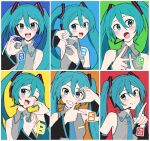  1girl :d bare_shoulders black_sleeves blue_eyes blue_hair blue_necktie blush border closed_mouth collared_shirt detached_sleeves dot_nose finger_gun frilled_shirt frills grey_shirt grin hair_between_eyes hair_ornament hand_gesture hands_up hatsune_miku highres index_finger_raised long_hair long_sleeves looking_at_viewer multiple_views necktie ok_sign open_mouth shirt sidelocks sleeveless sleeveless_shirt smile supo01 teeth twintails upper_body upper_teeth_only v variations vocaloid white_border 