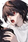  1boy bangs black_hair crying ensemble_stars! fangs grabbing hair_over_eyes hand_on_another&#039;s_shoulder hand_up highres long_sleeves looking_at_another looking_away male_focus open_mouth out_of_frame portrait red_eyes sakuma_ritsu screaming short_hair simple_background sketch solo_focus sweater tears tongue turtleneck turtleneck_sweater white_background white_sweater woshayangmei 