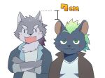 anthro blue_body blue_fur blush canid canine canis chibi crossed_arms duo fur green_eyes green_hair grey_body grey_fur hair hyena lifewonders male mammal managarmr_(housamo) nyarlathotep_(housamo) size_difference smile suna_sand1 tokyo_afterschool_summoners wolf