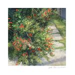  bush flower grass mimoth nature original painting_(medium) path plant red_flower scenery stepping_stones sunlight traditional_media tree 