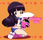  1girl armor ass bikini bikini_armor black_eyes black_hair blue_bikini boots butt_crack chi-chi_(dragon_ball) choker copyright_name dragon_ball dragon_ball_(classic) from_behind gloves helmet long_hair looking_at_viewer looking_back nollety orange_background pink_footwear pink_gloves pink_headwear shoulder_armor simple_background sitting smile solo swimsuit thighs unworn_headwear 