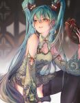  1girl aqua_eyes aqua_hair bare_shoulders chinese_clothes detached_sleeves dress hair_ornament hatsune_miku highres long_hair smile stepcacc suigyoku_(module) thighhighs twintails very_long_hair vocaloid world&#039;s_end_dancehall_(vocaloid) 