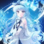  1girl bare_shoulders black_dress black_hairband black_ribbon blue_hair closed_mouth detached_sleeves dress g_ieep grey_eyes hairband juliet_sleeves korean_commentary light_blue_hair long_hair long_sleeves magician_(ice_lightning) maplestory puffy_sleeves ribbon smile snowflakes solo staff very_long_hair white_sleeves 