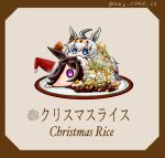  2girls ahoge animal_ears bangs black_hair blue_eyes brown_background chibi christmas ear_ornament fried_chicken grey_hair hair_over_one_eye hat highres horse_ears horse_girl horse_tail long_hair menu minigirl multiple_girls nnz_come_20 object_namesake oguri_cap_(miraculous_white_star)_(umamusume) oguri_cap_(umamusume) purple_eyes rice_shower_(umamusume) santa_hat shiny shiny_hair swept_bangs tail twitter_username umamusume white_hair 