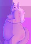 anthro belly big_belly big_breasts breast_size_difference breasts canid canine canis crydakota female fur hair hi_res long_hair mammal nipples nude obese obese_female overweight overweight_anthro overweight_female solo tail thick_tail white_hair wolf