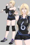  1girl :d absurdres bandaged_fingers bandages bare_shoulders black_footwear black_shirt black_shorts blonde_hair breasts brown_eyes detached_sleeves elbow_sleeve fuku_(fuku12290574) full_body grey_background hair_between_eyes hand_on_own_hip highres knee_pads large_breasts long_hair looking_at_viewer multiple_views open_mouth original ponytail shirt shoes short_shorts shorts simple_background sleeveless sleeveless_shirt smile sneakers socks sportswear standing stretching sweat teeth upper_teeth_only volleyball_uniform yellow_eyes 