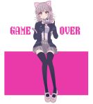  1girl absurdres animal_ear_headphones animal_ears black_jacket black_shirt black_thighhighs brown_hair brown_skirt cat_ear_headphones cat_ears character_name chi_gu danganronpa_(series) danganronpa_2:_goodbye_despair dress_shirt fake_animal_ears flipped_hair full_body galaga handheld_game_console headphones highres holding holding_handheld_game_console invisible_chair jacket looking_at_viewer medium_hair miniskirt nanami_chiaki open_clothes open_jacket pink_bag pink_eyes pink_footwear pleated_skirt shirt shoes sitting skirt solo thighhighs white_background white_shirt 