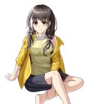  19956802168 1girl absurdres bangs black_hair black_skirt breasts brown_sweater_vest chinese_commentary closed_mouth feet_out_of_frame girls&#039;_frontline hair_ornament hairclip hand_on_floor heterochromia highres jacket long_hair looking_at_viewer medium_breasts multicolored_hair on_floor open_clothes open_jacket red_eyes ro635_(girls&#039;_frontline) sitting skirt smile solo streaked_hair sweater_vest white_background yellow_eyes yellow_jacket 