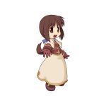  1girl :d acolyte_(ragnarok_online) black_socks bob_cut breasts brown_eyes brown_gloves brown_hair brown_shirt capelet chibi full_body gloves long_sleeves looking_at_viewer low_ponytail mary_janes medium_bangs official_art open_mouth ragnarok_online shirt shoes simple_background skirt small_breasts smile socks solo standing tachi-e transparent_background white_capelet white_skirt yuichirou 