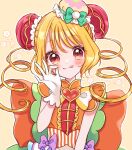  1girl ;q back_bow blonde_hair blush bow brooch bun_cover cure_yum-yum delicious_party_precure dot_nose drill_hair floral_background gloves hanamichi_ran hat heart heart_brooch jewelry kuzumochi large_bow long_hair looking_at_viewer magical_girl mini_hat money_gesture one_eye_closed orange_bow precure purple_bow red_eyes simple_background solo straight-on striped_bow tongue tongue_out twin_drills upper_body white_gloves yellow_background yellow_theme 