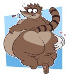  2022 anthro big_butt blue_background brown_body brown_fur butt cartoon_network floating_hands fur gradient_background hand_on_butt hi_res humanoid_hands male mammal markings morbidly_obese obese overweight procyonid raccoon regular_show rigby_(regular_show) simple_background solo striped_markings striped_tail stripes tail_markings white_background xxedge 