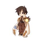  1boy ahoge belt brown_belt brown_capelet brown_eyes brown_footwear brown_gloves brown_hair brown_pants brown_shirt cape capelet chibi closed_mouth frown full_body gloves hair_between_eyes holding holding_staff looking_at_viewer mage_(ragnarok_online) male_focus medium_bangs official_art pants ragnarok_online shirt shoes short_hair simple_background solo staff standing tachi-e transparent_background v-shaped_eyebrows white_cape yuichirou 