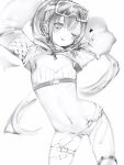  1girl ;p absurdres armpits arms_behind_head arms_up breasts contrapposto ear_piercing goggles goggles_on_head greyscale hair_between_eyes highres hololive light_blush long_hair long_sleeves looking_at_viewer micro_shorts monochrome nanashi_(nlo) navel navel_piercing official_alternate_costume one_eye_closed piercing pointy_ears ponytail puffy_long_sleeves puffy_sleeves shorts shrug_(clothing) simple_background small_breasts smile solo stomach thigh_strap tokoyami_towa tokoyami_towa_(5th_costume) tongue tongue_out very_long_hair virtual_youtuber 