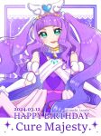  1girl aqua_eyes birthday brooch character_name cure_majesty dated dress elbow_gloves ellee-chan gloves hirogaru_sky!_precure jewelry long_hair looking_at_viewer magical_girl medium_dress precure purple_dress purple_hair skirt smile solo tanshi_tanshi twitter_username two_side_up very_long_hair white_gloves wing_brooch wing_hair_ornament 