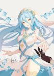  1girl 1other atoatto azura_(fire_emblem) black_gloves blue_hair bubble commentary_request corrin_(fire_emblem) detached_collar detached_sleeves dress fingerless_gloves fire_emblem fire_emblem_fates floating_hair gloves hair_between_eyes jewelry long_hair looking_at_viewer necklace out_of_frame panties reaching reaching_towards_viewer signature simple_background smile twitter_username underwear veil very_long_hair white_background white_dress white_gloves white_panties yellow_eyes 