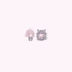  2girls :o black_hair black_jacket blush brown_hair chi_gu chibi commentary danganronpa_(series) danganronpa_2:_goodbye_despair grey_background hair_horns happy highres jacket long_hair medium_hair miniskirt mioda_ibuki multicolored_hair multiple_girls nanami_chiaki neck_ribbon open_clothes open_jacket pleated_skirt purple_hair ribbon simple_background skirt smile standing translation_request two-tone_shirt white_hair 