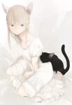  1girl animal_ear_fluff animal_ears barefoot black_cat blonde_hair blue_eyes blunt_bangs cat cat_ears cat_tail closed_eyes closed_mouth collarbone commentary dress full_body hair_ornament hairclip hands_on_lap highres junito715 kneeling knees lace-trimmed_dress lace_trim light_frown long_dress long_hair looking_at_viewer original puffy_short_sleeves puffy_sleeves short_sleeves simple_background solo square_neckline symbol-only_commentary tail toes white_background white_dress white_sleeves 