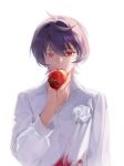  1boy ahoge arm_at_side bangs biting boutonniere collared_shirt dirty dirty_clothes dress_shirt dripping eating ensemble_stars! eyelashes flipped_hair flower food fruit hair_between_eyes hair_over_one_eye hand_up highres holding holding_food holding_fruit long_sleeves looking_at_viewer male_focus partially_unbuttoned purple_hair red_eyes rose sakuma_ritsu shirt short_hair simple_background slit_pupils solo tomato upper_body white_background white_flower white_rose white_shirt woshayangmei 