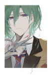  1boy absurdres bangs blazer bleeding blood blood_on_weapon closed_mouth collared_shirt cuts cutting_hair cutting_own_hair ensemble_stars! frown green_hair hair_between_eyes highres holding holding_scissors injury jacket kazehaya_tatsumi lapels long_sleeves looking_at_viewer male_focus mole mole_on_cheek mole_under_eye necktie outside_border portrait purple_eyes scissors severed_hair shirt shitan_(tantan_0821) short_hair simple_background solo striped_necktie weapon white_background white_shirt 