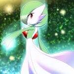  1girl bob_cut colored_skin dress from_side gardevoir glowing green_background green_hair looking_at_viewer multicolored_skin parted_lips pokemon pokemon_(creature) red_eyes shiratsuki_(royal_moon) two-tone_skin white_skin 