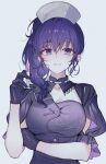  1girl asahina_mafuyu bangs black_gloves breasts commentary dress gloves hat highres holding holding_syringe large_breasts looking_at_viewer nurse nurse_cap ponytail project_sekai purple_eyes purple_hair short_sleeves simple_background smile solo syringe tokkyu white_background 