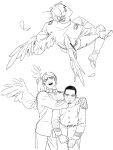  2boys angel angel_wings arms_around_neck black_hair boots chengongzi123 closed_mouth cowboy_shot facial_hair feathered_wings feathers goatee_stubble golden_kamuy highres invisible_chair koito_otonoshin lineart long_sleeves looking_at_viewer looking_back male_focus military_uniform multiple_boys open_mouth shoes short_hair simple_background sitting standing stubble tsukishima_hajime uniform very_short_hair white_background wings 