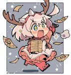  +_+ 1girl ahoge antlers aqua_eyes blush boots bracelet chibi collar deer_antlers dress elphelt_valentine frilled_dress frills guilty_gear guilty_gear_strive hairband horns huge_ahoge itsuka_neru jacket jewelry long_sleeves open_mouth paper paper_stack pink_dress pink_footwear pink_hairband pink_jacket short_hair smile spiked_bracelet spiked_collar spiked_hairband spikes thigh_boots two-tone_dress white_dress white_hair 