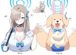  1girl absurdres animal animal_ears asuna_(blue_archive) asuna_(bunny)_(blue_archive) black_choker black_pantyhose blue_archive blue_eyes blue_halo blue_leotard blue_scrunchie blush breasts choker cleavage collarbone collared_shirt dalgam12 dog fake_animal_ears grin hair_over_one_eye halo heart highres korean_text large_breasts leotard light_brown_hair long_hair mole mole_on_breast multiple_views official_alternate_costume pantyhose rabbit_ears scrunchie shirt simple_background smile spoken_heart strapless strapless_leotard white_background white_shirt wrist_scrunchie 
