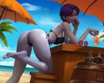  1girl against_table alcohol arm_support ass bare_arms bare_legs bare_shoulders barefoot beach bent_over bikini black-framed_eyewear black_bikini black_nails bottle breasts closed_mouth colored_skin cup dc_comics evulchibi eyeshadow eyewear_removed feet fingernails forehead_jewel from_side grey_nails grey_skin head_rest highres holding holding_cup horizon lipstick looking_at_viewer looking_to_the_side makeup mascara medium_breasts nail_polish non-web_source ocean outdoors palm_tree parasol pink-tinted_eyewear pink_eyes purple_hair purple_lips raven_(dc) round_eyewear seductive_smile short_hair signature smile solo stool sunglasses swimsuit teen_titans tinted_eyewear toenail_polish toenails tree umbrella whiskey 