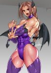  1girl :d bowalia braid breasts brown_hair covered_abs demon_girl demon_horns demon_tail demon_wings detached_sleeves horns large_breasts leotard long_hair looking_at_viewer muscular muscular_female original purple_leotard red_eyes signature smile solo standing tail thighhighs wings 