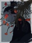  006_wa 1boy black_shirt blurry bouquet closed_mouth covered_eyes depth_of_field flower flower_over_eye from_side grey_background hair_pulled_back highres long_sleeves male_focus nara_shikamaru naruto_(series) naruto_shippuuden outside_border ponytail poppy_(flower) profile red_flower shirt simple_background solo twitter_username upper_body 