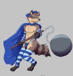  anthro armwear ball blue_clothing blue_eyes brown_body canid canine cape chain claws clothing digital_media_(artwork) flail fox fur hair hat headgear headwear hi_res jockstrap legwear looking_at_viewer male malletspace mammal melee_weapon nipples pattern_clothing pattern_legwear pecs procyonid raccoon simple_background smile smirk solo striped_clothing striped_legwear stripes tan_body tan_fur teeth thigh_highs tuft underwear weapon wrecking_ball 