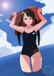  1girl alternate_costume ass_visible_through_thighs bare_shoulders black_hair bow character_name clothes_writing collarbone green_eyes hair_bow highres holding kantai_collection long_hair mikuma_(kancolle) mori_tarou partially_submerged red_bow school_swimsuit smile solo swimsuit twintails 