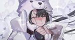 1boy animal_balloon animal_hat balloon bangs black_hair blush closed_eyes closed_mouth coat commentary_request dog_hat face fate/grand_order fate_(series) fur-trimmed_coat fur_coat fur_trim hat itefu long_hair long_sleeves male_focus official_alternate_costume own_hands_together sleeves_past_wrists smile solo sparkle tai_gong_wang_(fate) white_coat winter_clothes winter_coat 