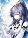  1girl bare_shoulders bird_hair_ornament blue_eyes blue_hair china_dress chinese_clothes chuyue_milan cleavage_cutout closed_mouth clothing_cutout cup dress fu_hua fu_hua_(azure_empyrea) grey_hair hair_ornament hair_over_one_eye hairpin hanfu high_ponytail holding holding_cup honkai_(series) honkai_impact_3rd jewelry long_hair looking_at_viewer paintbrush paintbrush_hair_ornament pleated_sleeves ponytail shoulder_cutout solo upper_body white_background white_dress white_hanfu wide_sleeves 
