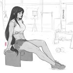  1girl abs breasts closed_eyes dumbbell final_fantasy final_fantasy_vii gym jen_bartel long_hair muscular muscular_female punching_bag resting shoes shorts sigh sitting sneakers solo sports_bra tifa_lockhart 