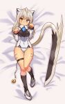  1girl animal_ears ass_visible_through_thighs bed_sheet bell black_socks blue_eyes body_markings cat_ears cat_girl cat_tail closed_mouth cougar_(cougar1404) dakimakura_(medium) from_above heterochromia jacket jingle_bell light_frown long_hair long_sleeves looking_at_viewer lying on_back on_bed original panties paw_pose shoes silui_(cougar1404) socks solo sweatdrop sword tail tan thigh_gap thigh_strap tiger_stripes underwear weapon white_footwear white_jacket white_panties yellow_eyes 