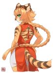  anthro asian_clothing black_nose braided_hair butt clothed clothing digital_media_(artwork) east_asian_clothing eyelashes felid female fingers fur green_eyes hair hand_on_hip hi_res kawarage_yatano long_hair looking_at_viewer looking_back mammal markings open_back_dress orange_body orange_fur orange_hair pantherine rear_view simple_background solo striped_body striped_markings striped_tail stripes tail_markings tiger topwear 