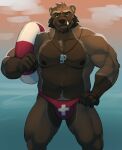 anthro barazoku beard brown_body brown_eyebrows brown_fur brown_hair brown_nipples brown_nose bulge cloud deadlaws eyebrows facial_hair fist fur gloves_(marking) gnollplaying_games green_eyes grumpy gulonine hair hand_on_hip hand_on_own_hip hi_res holding_object horrorbuns life_preserver lifeguard lifeguard_swimsuit looking_at_viewer lynn_grayson_(deadlaws) male mammal markings mostly_nude mostly_nude_anthro mostly_nude_male musclegut muscular muscular_anthro muscular_male mustelid musteline mutton_chops nipples snaggle_tooth solo swimwear_only tan_body tan_fur tan_inner_ear thick_eyebrows water whistle_(object) wolverine
