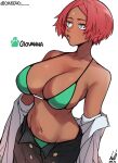  1girl bikini blue_eyes breasts collared_shirt dark-skinned_female dark_skin ginseng_(xin) giovanna_(guilty_gear) green_bikini guilty_gear guilty_gear_strive highres large_breasts lips long_sleeves navel open_clothes open_shirt red_hair shirt short_hair simple_background swimsuit white_shirt 