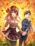  1boy 1girl autumn autumn_leaves bag beret blue_eyes blush bolo_tie bow brown_eyes brown_hair collared_shirt couple ginkgo_leaf hat hetero highres holding holding_leaf holding_weapon jewelry layered_skirt leaf long_hair long_sleeves looking_at_another looking_at_viewer mizunozumi necklace open_mouth original outdoors pants pantyhose plaid plaid_vest shirt shopping_bag short_hair skirt sleeves_past_wrists smile sweater vest weapon 