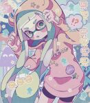  !? 1girl :o animal_ear_hood animal_ears badge bandaid bandaid_on_clothes bandaid_on_hand bike_shorts black_shorts blue_hair blush_stickers button_badge commentary_request cowboy_shot drawstring fake_animal_ears halftone hand_on_headwear hood hood_up hoodie inkling inkling_girl inkling_player_character long_hair open_mouth shorts solo splatoon_(series) star_(symbol) tama5sp tentacle_hair very_long_hair white_background yellow_eyes yellow_hoodie 