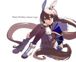  1girl admire_vega_(umamusume) animal_ears blush boots breasts brown_hair ear_covers english_text hair_between_eyes happy_birthday highres horse_ears horse_girl horse_tail hugging_own_legs long_hair long_sleeves looking_at_viewer low_ponytail mitsusaka_mitsumi ponytail purple_eyes shirt simple_background single_ear_cover sitting smile solo tail umamusume very_long_hair white_background 