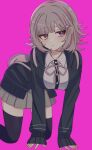  1girl absurdres all_fours backpack bag black_thighhighs breasts brown_skirt chi_gu closed_mouth danganronpa_(series) danganronpa_2:_goodbye_despair galaga hair_ornament highres jacket large_breasts long_sleeves medium_hair miniskirt nanami_chiaki neck_ribbon open_clothes open_jacket pink_background pink_bag pink_eyes pink_ribbon pleated_skirt ribbon simple_background skirt sleeves_past_wrists solo thighhighs 