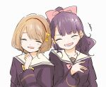  2girls bow closed_eyes gmgmgdwm hair_ornament hair_ribbon hairband kujou_ume light_brown_hair long_sleeves medium_hair multiple_girls neck_ribbon open_mouth pink_bow ponytail purple_hair red_hairband ribbon school_uniform short_hair simple_background smile tokyo_7th_sisters wanibuchi_emoko white_background yellow_ribbon 