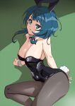  1girl aizawa_kazuha animal_ears areola_slip arm_behind_back assault_lily bare_arms bare_shoulders black_leotard black_ribbon blue_eyes blue_hair blunt_bangs breasts brown_pantyhose cleavage commentary cowboy_shot detached_collar fake_animal_ears fake_tail green_background large_breasts leaning_to_the_side leotard light_blush long_hair looking_at_viewer looking_to_the_side mototenn neck_ribbon pantyhose parted_lips playboy_bunny rabbit_ears rabbit_tail ribbon shade shadow sitting solo strapless strapless_leotard tail wrist_cuffs 